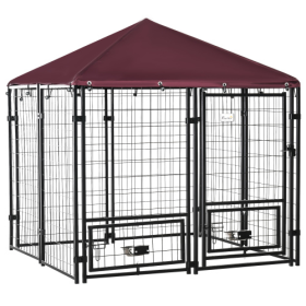 Outdoor Kennel With Rotating Bowl Rack, Walk-in Pet Playpen, Welded Wire Steel Dog Pen, With Waterproof And UV Resistant Awning