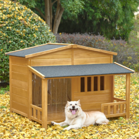 GO 47.2 Wooden Dog House, Outdoor & Indoor Dog Crate, Pet Kennel With Porch, Solid Wood, Weatherproof, Medium, Nature