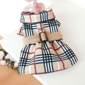 Plaid Dog Dress With Belt (Color: Dark Khaki, size: S)