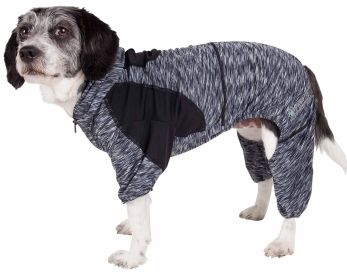 Pet Life Active 'Downward Dog' Heathered Performance 4-Way Stretch Two-Toned Full Body Warm Up Hoodie (Color: Black, size: small)