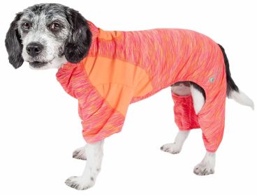 Pet Life Active 'Downward Dog' Heathered Performance 4-Way Stretch Two-Toned Full Body Warm Up Hoodie (Color: Orange, size: small)