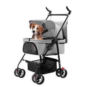 4 Wheels Pet Stroller Foldable Carrier Strolling Cart Travel Jogger Pet Stroller with Removable Liner Storage Basket for Dog (Color: Grey)