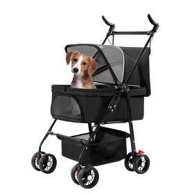 4 Wheels Pet Stroller Foldable Carrier Strolling Cart Travel Jogger Pet Stroller with Removable Liner Storage Basket for Dog (Color: Black)