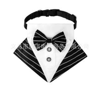 wedding suit dog collar pet saliva towel dog wedding triangle scarf (Color: Black and white striped triangular scarf collar suit, size: S)